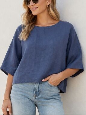Linen Batwing Top Slate Blue Boxy Summer Top - Fits S/M